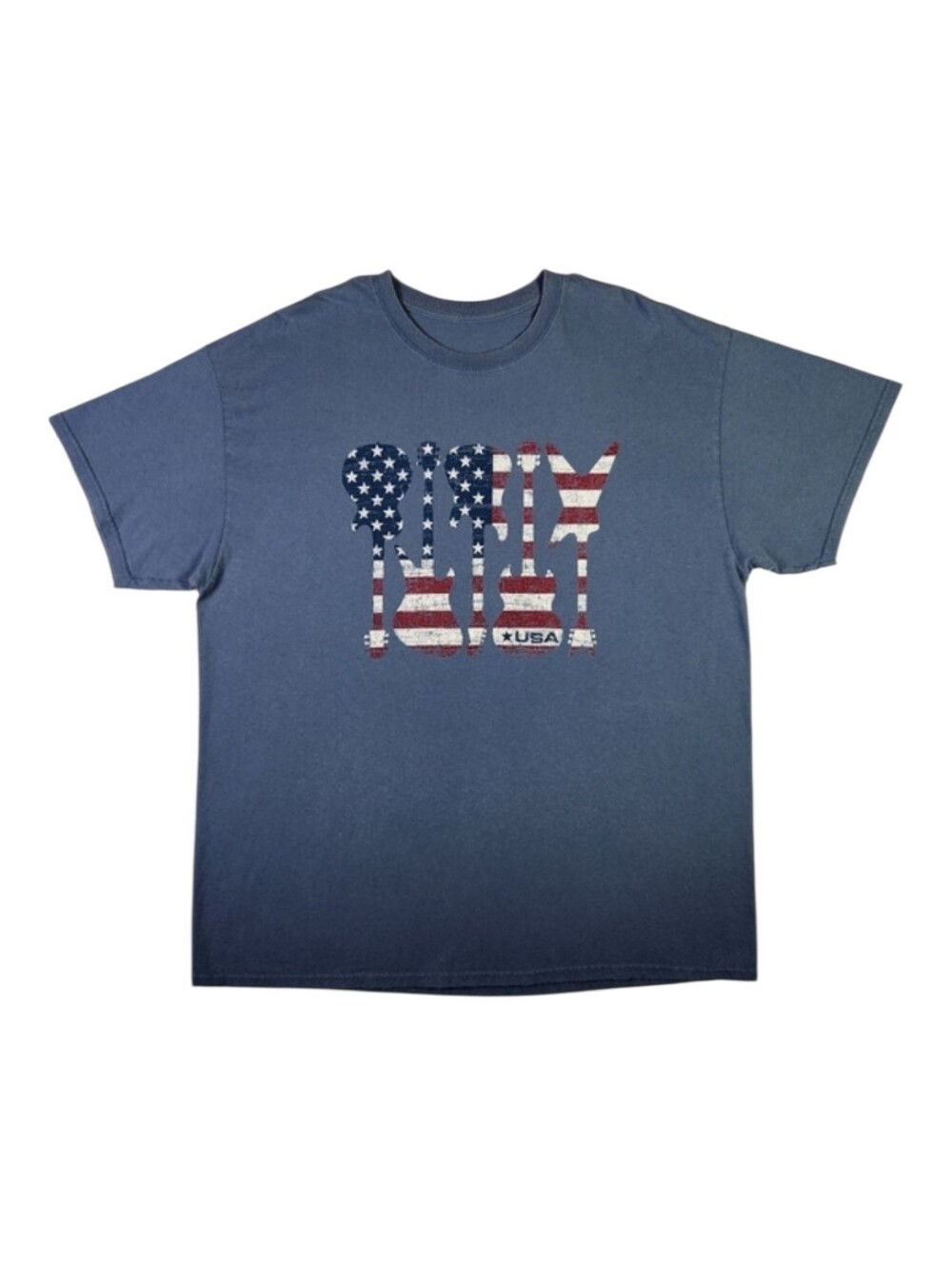 Patriotic American Flag Guitar Retro Graphic Tee Washed Blue T-Shirt XL Unisex